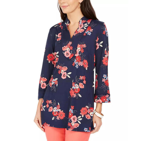 Charter Club Tops - Charter Club Floral Print Split-Neckline Tunic Blue XS